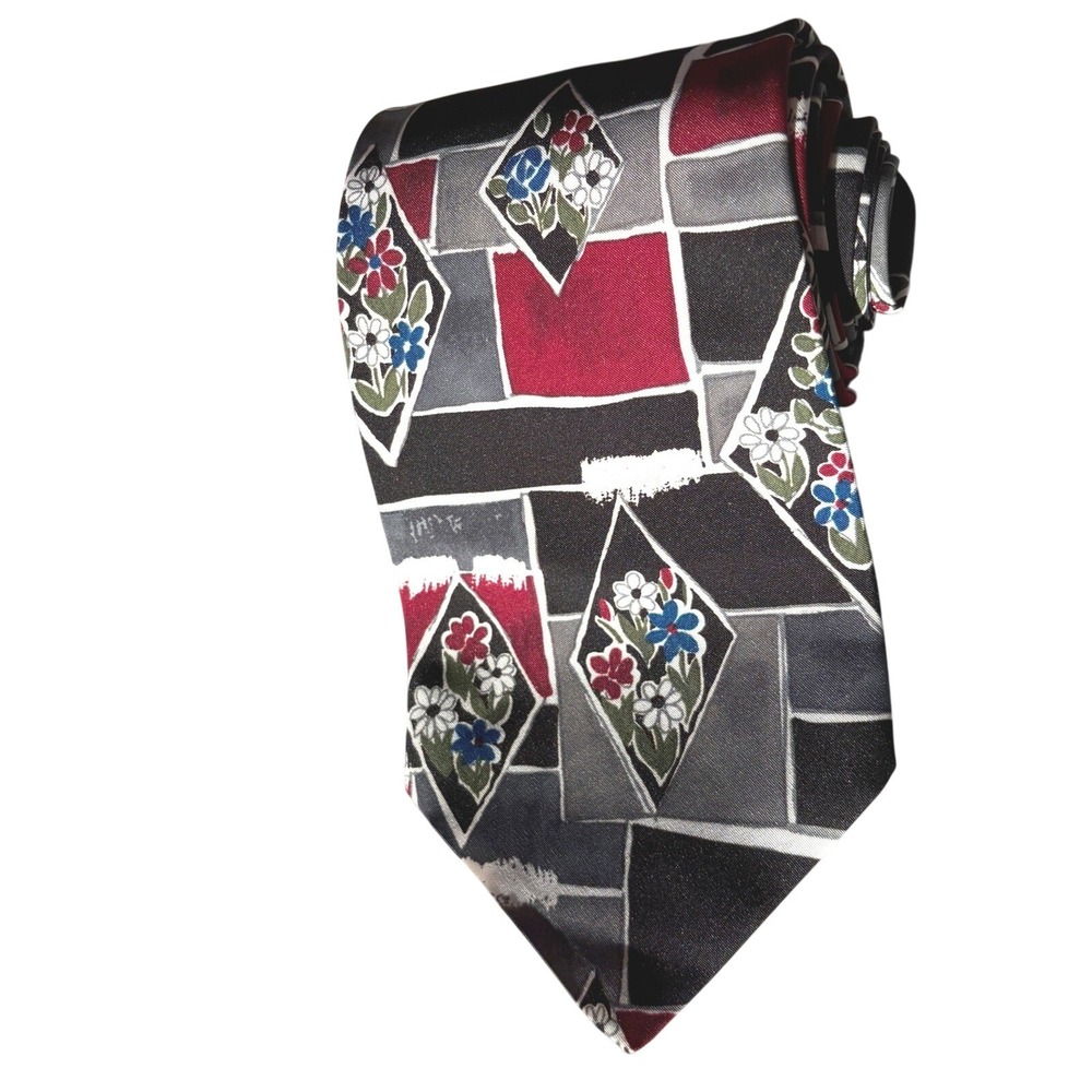 VINTAGE Sabatini Mens‎ Tie Geometric Floral Block Pattern Black Burgundy Grey
